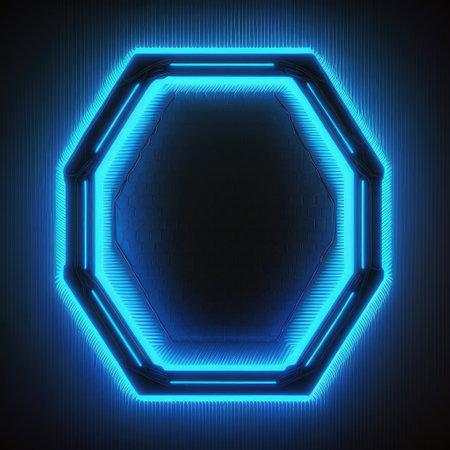 Innovation of hexagon border frame with blue neon light effects overlapped geometry in concept. Finest generative AI.の素材