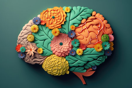 Human brain made with flowers in concept of mental health and self caring. distinct generative AI image.の素材