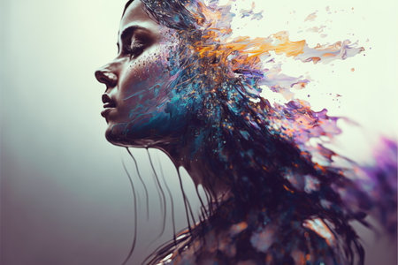 Wondrous illustration portrait woman with colorful iridescent exploding and dissolving in to liquid color and melting from her face in double exposure for psychedelic artwork by Generative AI.の素材