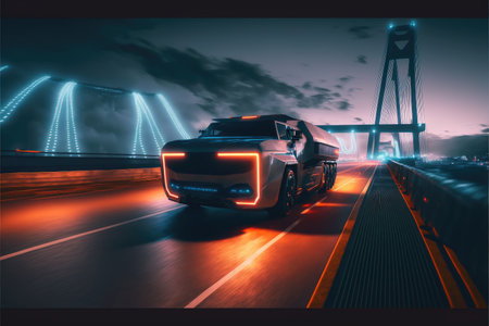 Cyber neon driving green power truck with hybrid technology automotive. Concept of light glowing pick up on dark city view in night life. Finest generative AI.の素材