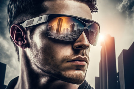 Wondrous portrait of modern stylish lifestyle man wearing sunglasses mirror the reflection of sunset and cityscape and construction site in background by Generative AI.の素材