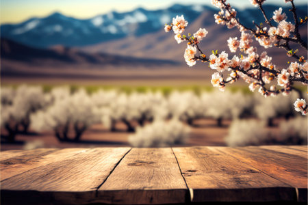 Focus empty wood table in blossom flower with blurred natural tree background. Concept of blank space for advertising product. Finest generative AI.の素材