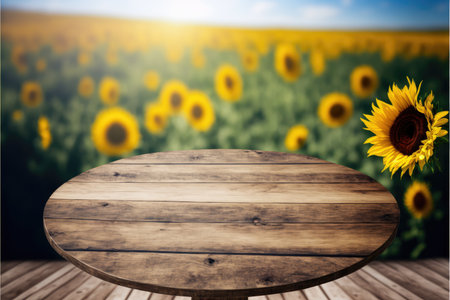 Focus empty wood table with blurred sunflower tree background. Concept of blank space for advertising product. Finest generative AI.の素材