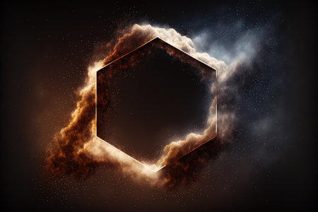 Abstract design of hexagon shape clouds with dying colorful particles exploding. Concept of mystery outer over dark background with glowing light geometric design. Finest generative AI.の素材