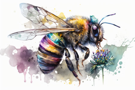 Honey bee watercolor painting hand-drawn style. distinct generative AI image.の素材