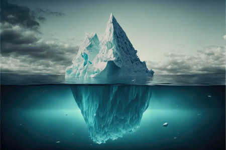 Large white iceberg floating in the frozen ocean with underwater beautiful transparent view. Concept of polar geographic. Finest generative AI.の素材