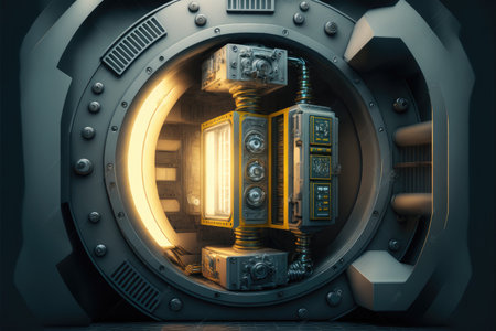 Abstract in futuristic interior architecture of spaceship with power generative technology. Concept of control room with neon color light outer space. Finest generative AI.の素材