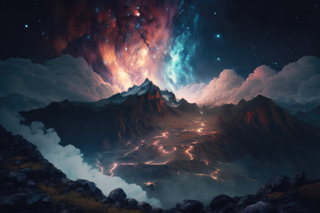 Mountain landscape at night with star in the sky. distinct generative AI image.の素材