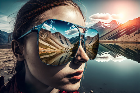 Sunglasses mirrored reflection of the wondrous mountain path and sunny sky portrayed by hiker woman in natural adventurous and nature exploring concept by Generative AI.の素材