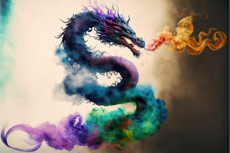 Energetic powerful of dragon multicolor pastel powder with isolated background. Concept of ancient chinese culture in fairly tale. Finest generative AI.の素材