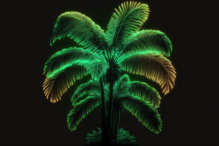 Creativity by neon palm isolated black background with reflective light. Concept of colorful and multicolored florescent lighting tree. Finest generative AI.の素材