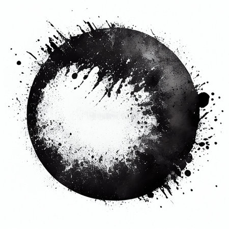 Abstract of black grunge circle fresh isolated on white background. Concept of painting technique. Finest generative AI.の素材