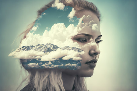 Double exposure image of woman portrait with the sky and cloudscape for peaceful mind and psychological tranquility concept. Meditative and mental ability abstract art. Superb Generative AIの素材