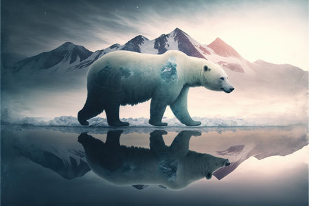 image shown by polar bear suffer due to melting ice caused by the impact of climate change on double exposure of global warming turning arctic hotter in background. Superb Generative AI.の素材