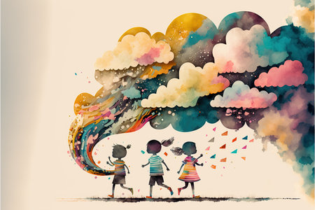 Imagination and artistic ability of children in creative abstract painting with rainbow clouds and sky of. Educational and learning for a child artwork concept. Superb Generative AI.の素材