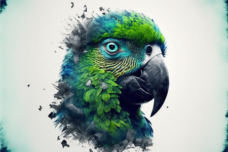 Contemporary abstract artwork double exposure of green parrot and forest landscape design, concept of animal and natural wilderness adventure. Superb Generative AI.の素材