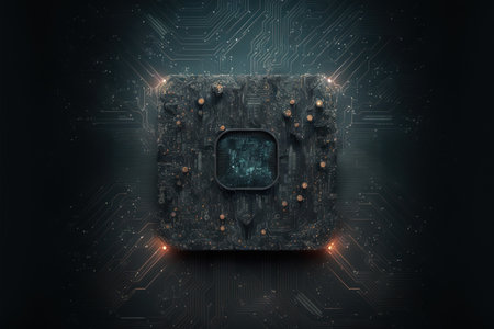 Processor CPU or GPU microchip on dark mother board like metallic surface, modern technology abstract, futuristic circuit board for advance computer hardware background. Superb Generative AI.の素材