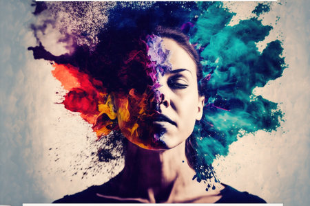 Woman with powerful vivid powder explosion on her head as symbol for inner stress and negative though for intense emotion mental health in modern abstract art design. Superb Generative AI.の素材