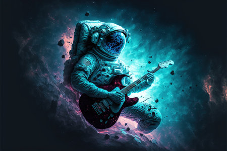 Contemporary abstract art of astronaut or spaceman floating in the vastness of space while playing guitar in dark blue universe with brighten stars and nebular background. Superb Generative AI.の素材
