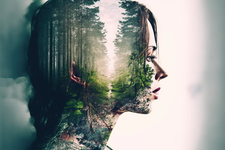 Double exposure image of woman portrait with natural freshness of forest background for sense of peaceful tranquility concept. Meditative and mental ability abstract art. Superb Generative AIの素材