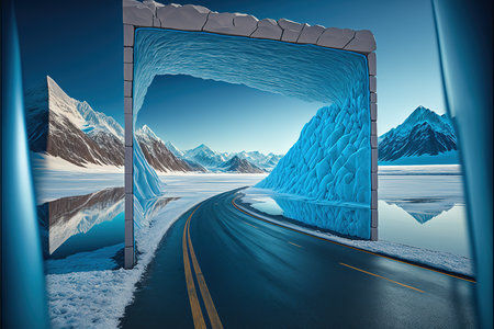 Beautiful road through blue ice in glacier landscape as concept of travel or journey in the winter with icy frozen scenery. Superb Generative AIの素材