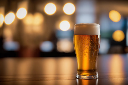 A glass of light beer on a table bar in pub . Admirable Generative AI image .の素材