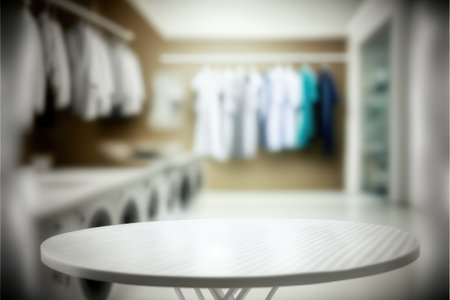 Focus white empty table with blurred laundry background. Concept of blank space for advertising product. Finest generative AI.の素材
