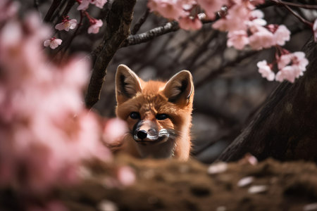 Close look of baby fox under cherry blossom tree. distinct generative AI image.の素材
