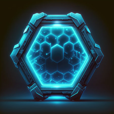 Abstract of glowing futuristic hexagon frame illuminated with neon blue color light. Concept of futuristic geometric shape in gaming. Finest generative AI.の素材