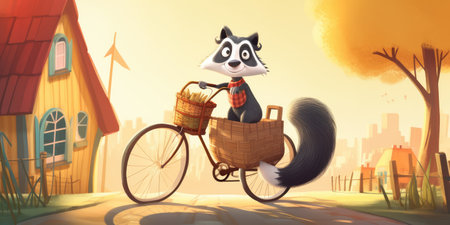 badger have fun bicycle ride on sunshine day in summer on town streetの素材