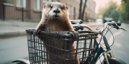 otter have fun bicycle ride on sunshine day in summer on town streetの素材
