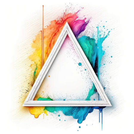 Empty triangle frame on white background. Concept of overlapped mystery colorful watercolor. Finest generative AI.の素材