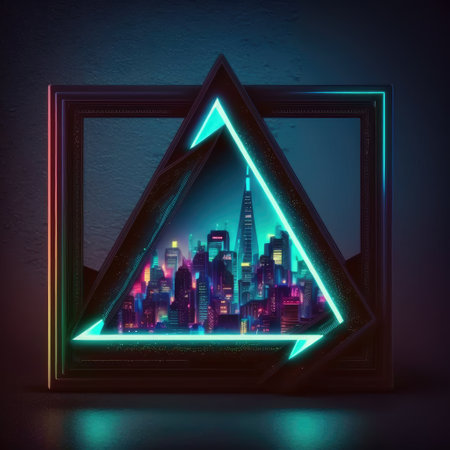 Futuristic of neon glowing in square shape of cityscape. Concept of colorful cyberpunk in building view with digital design. Finest generative AI.の素材