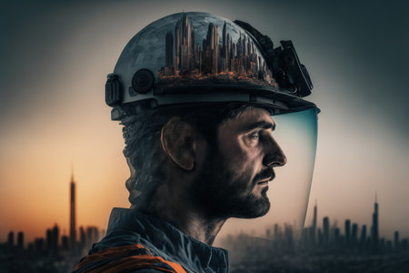 Civil engineer portrait as concept for building construct by professional with hardhat helmet engineer with wondrous double exposure of cityscape, urban with background of skyscraper by generative AIの素材
