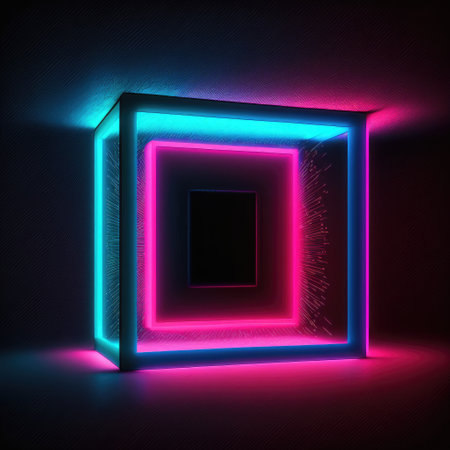 Overlapped Lightning neon magical square effecting on black background. Reflection of glowing digital abstract portal effect on cyberpunk concept. Finest generative AI.の素材