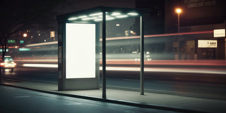 Advertisement billboard mock up display space at bus stop in town street nightの素材