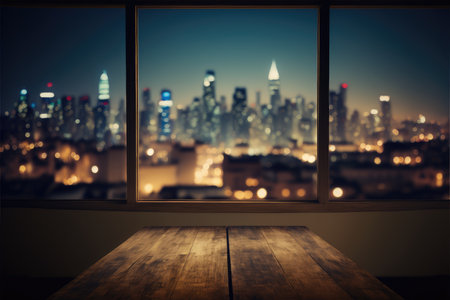 Empty wooden table with large window view through cityscape background. Concept of building office or condominium outside perspective. Finest generative AI.の素材