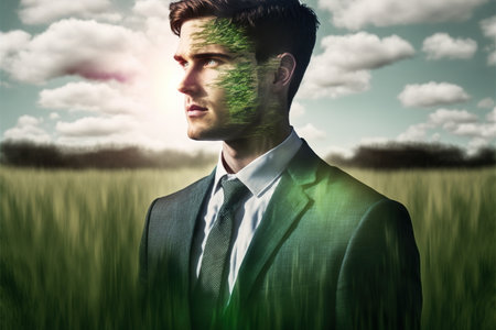 Double exposure portrait of ambitious businessman with wondrous greenery and natural green forest landscape in background as concept of sustainability and natural ecology conservation by Generative AIの素材