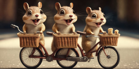 hamsters have fun bicycle ride on sunshine day in summer on town streetの素材