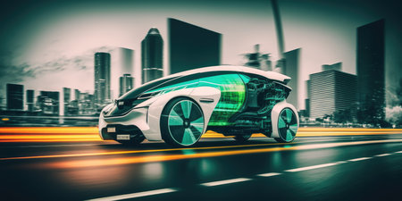Futuristic electric car driving on urban highway road. distinct generative AI image.の素材