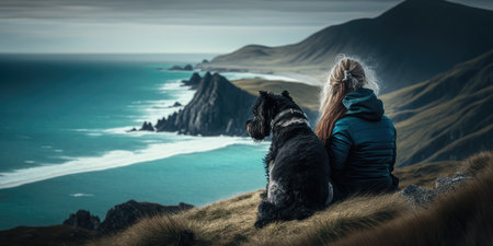Young beautiful woman enjoy view with her dog during hiking trip in the mountain. distinct generative AI image.の素材