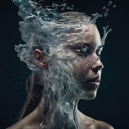 Abstract art in beautiful face woman in underwater seascape concept. Concept of closeup makeup face in swirl water design. Finest generative AI.の素材