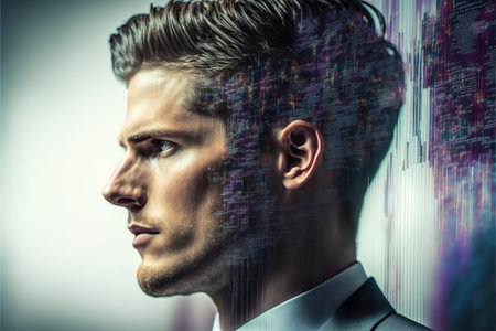 Wondrous visually business intelligence database code double exposure on portrait of pensive businessman wearing black suit as concept of modern analytic businesspeople by Generative AI.の素材