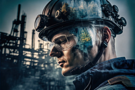 Wondrous image of modern oil refinery technology efficiently processes crude oil into valuable goods vial industrial pipeline. Engineer with hardhat portrait in double exposure by Generative AI.の素材