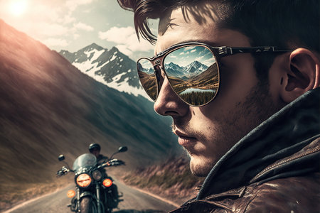 Wondrous portrait of motorcycle rider with sunglasses and reflection of the environment in mountain landscape, Natural adventurous touring on the road trip with motorbike concept by Generative AI.の素材
