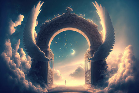 Heaven fantasy gate with birds wing in the colorful skyline. Concept of luxurious fantasy bright light walking through successful way in freedom life. Finest generative AI.の素材