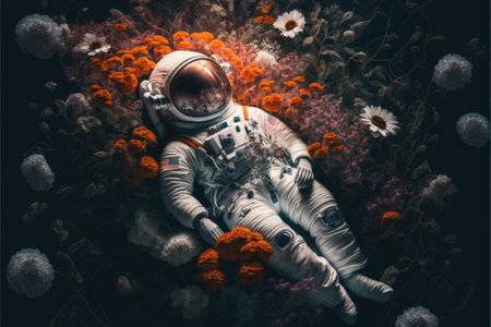 Astronaut laying in the colorful flower garden with top view. Concept of the relaxation in space cinematic fantasy dark light. Finest generative AI.の素材