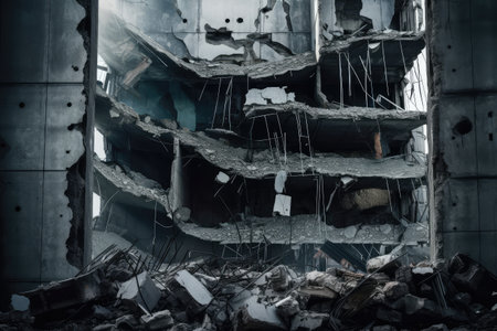 Old abandoned building and wreck of materials. distinct generative AI image.の素材