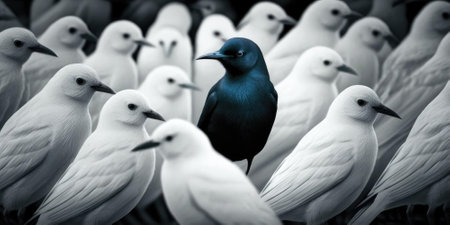 Difference concept showing by extraordinary bird standing out of the crowd. superlative generative AI image.の素材