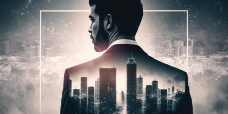 Double exposure image of business man standing back view with cityscape. superlative generative AI image.の素材